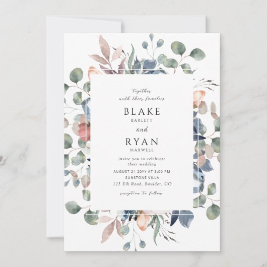 Stoffig blauw en groen Zalige bloemenbruiloft Kaart (Voorkant)