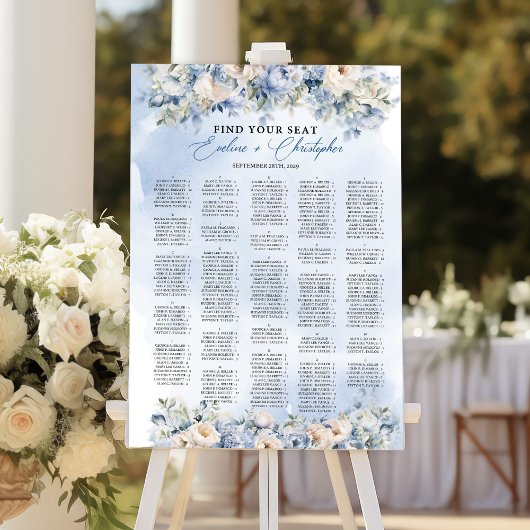 Stoffig Blauw en Ivoor Bloemen Alfabetische zitpla Poster