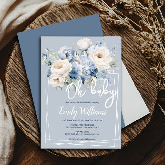 Stoffig blauw en ivoor floraal baby shower uitnodi kaart