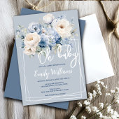 Stoffig blauw en ivoor floraal baby shower uitnodi kaart