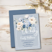 Stoffig blauw en ivoor floraal baby shower uitnodi kaart