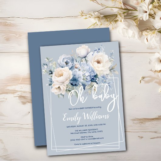 Stoffig blauw en ivoor floraal baby shower uitnodi kaart