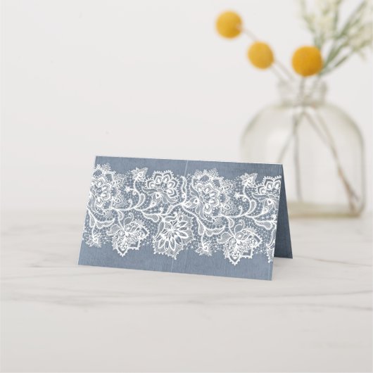 Stoffig Blauw en  Kant Bruiloft Plaatskaartje (Achterkant)