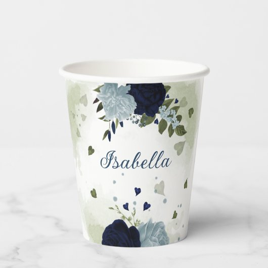 Stoffig blauw en marineblauw bloemen groen papieren bekers (Achterkant)