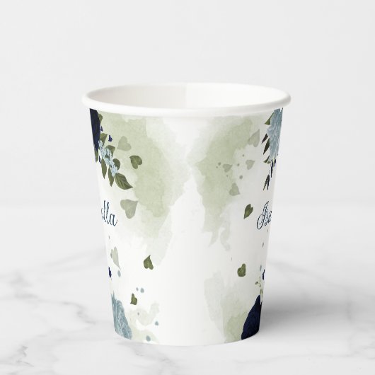 Stoffig blauw en marineblauw bloemen groen papieren bekers (Links)