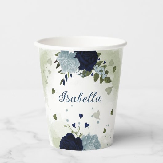 Stoffig blauw en marineblauw bloemen groen papieren bekers (Voorkant)