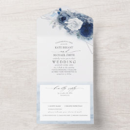 Stoffig Blauw en Navy Bloemen Elegante Moderne Bru All In One Uitnodiging