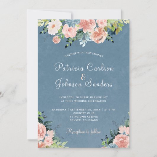 Stoffig blauw en perzik blush rustieke bloemenbrui kaart (Voorkant)