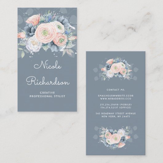 Stoffig blauw en perzikkleurige Rozen Elegante Blo Visitekaartje (Voorkant / Achterkant)
