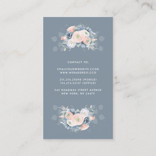 Stoffig blauw en perzikkleurige Rozen Elegante Blo Visitekaartje (Achterkant)