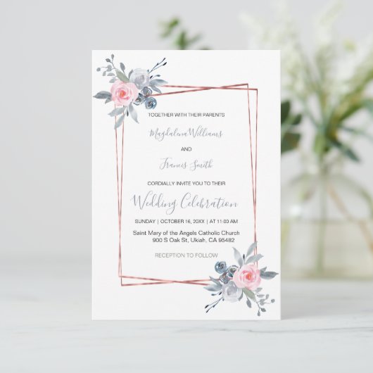 Stoffig blauw en roos roze bruiloft kaart (Staand voorkant)