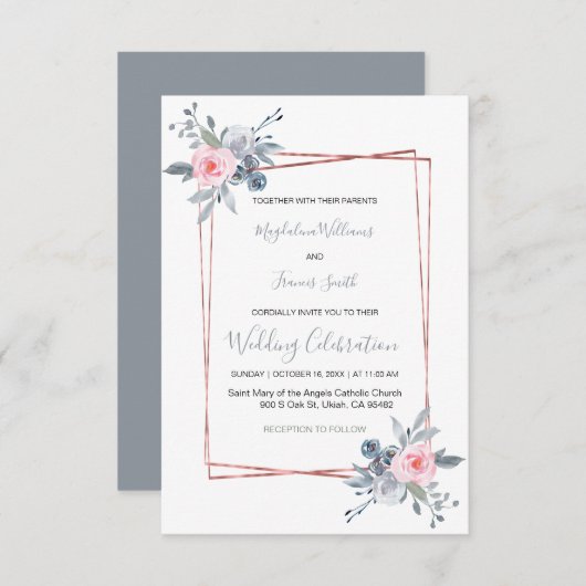 Stoffig blauw en roos roze bruiloft kaart (Voorkant / Achterkant)