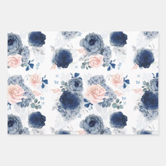 Stoffig Blauw en Roze Bloemen Elegant Botanisch Inpakpapier Vel (Voorkant 2)