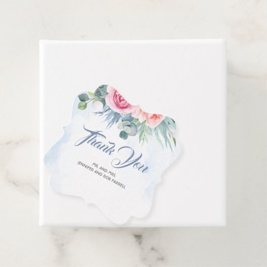 Stoffig Blauw en Roze Bloemen Moderne Bruiloft Bedankjes Labels (In situ)