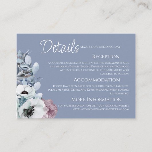 Stoffig Blauw en Roze Bloemen Moderne Bruiloft Informatiekaartje (Voorkant)