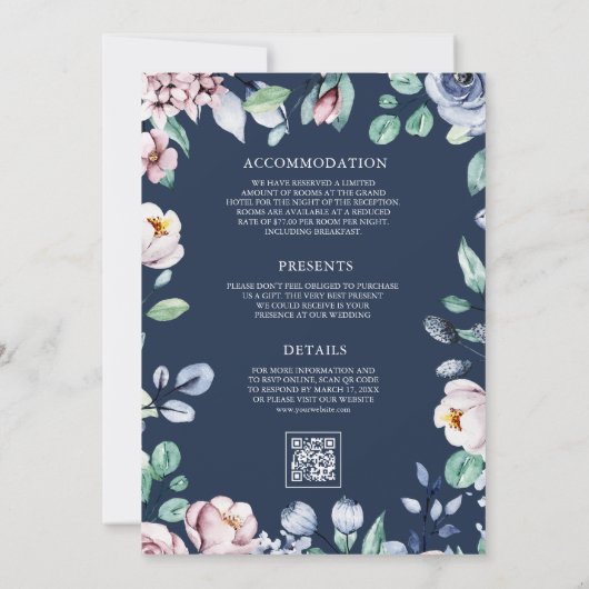Stoffig Blauw en Roze Bloemen QR Code Marine Bruil Kaart (Achterkant)