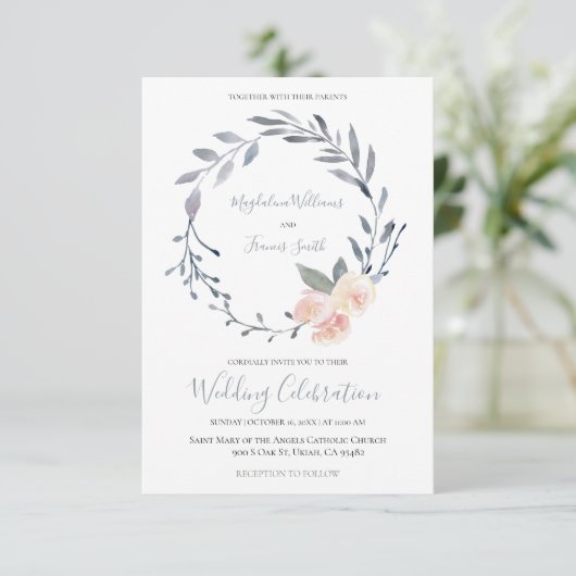 Stoffig blauw en roze waterverf bloemenkrans kaart (Staand voorkant)