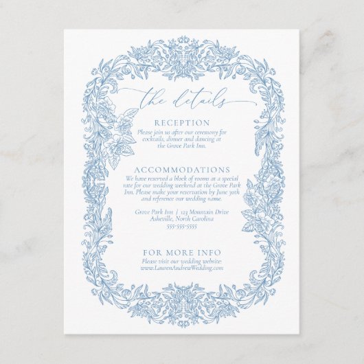 Stoffig blauw en wit moderne minimalistische bruil informatiekaartje (Voorkant)