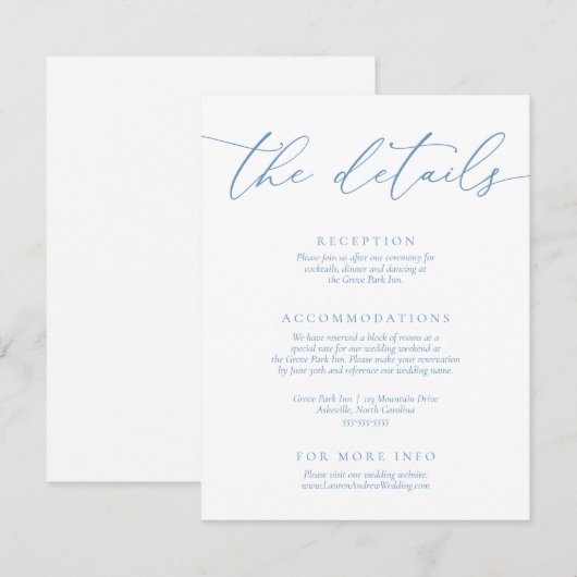 Stoffig blauw en wit moderne minimalistische bruil informatiekaartje (Voorkant / Achterkant)