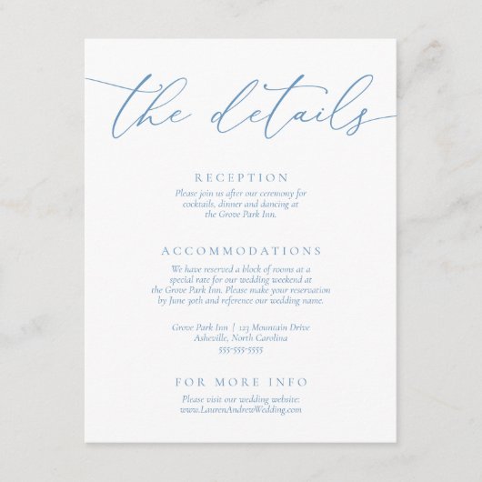 Stoffig blauw en wit moderne minimalistische bruil informatiekaartje (Voorkant)