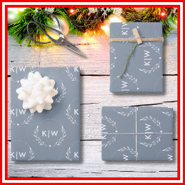 Stoffig blauw en wit | Monogram moderne Initialen Inpakpapier Vel