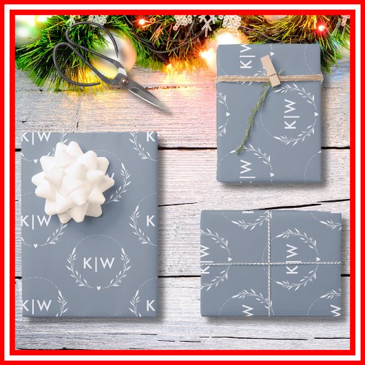 Stoffig blauw en wit | Monogram moderne Initialen Inpakpapier Vel