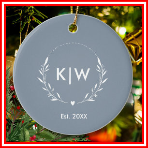 Stoffig blauw en wit   Monogram moderne Initialen Keramisch Ornament