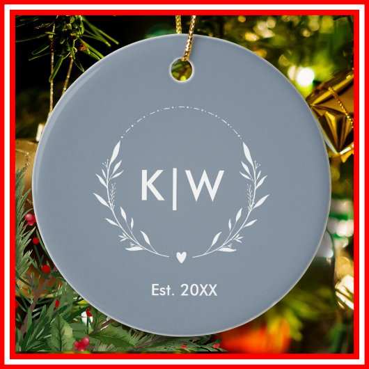 Stoffig blauw en wit | Monogram moderne Initialen Keramisch Ornament
