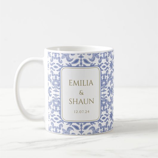 Stoffig Blauw en Wit -stijl bruiloft Koffiemok (Links)