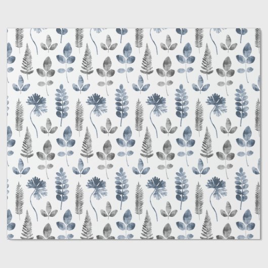 Stoffig blauw en wit varenblad cadeaupapier (Vlak)