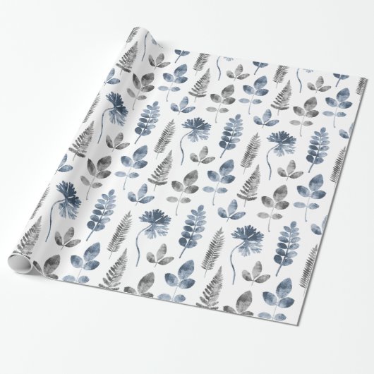 Stoffig blauw en wit varenblad cadeaupapier (Uitgerold)
