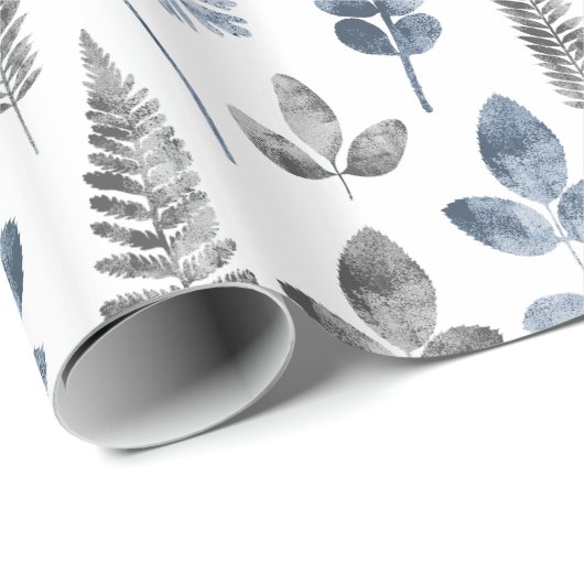 Stoffig blauw en wit varenblad cadeaupapier (Rol Hoek)