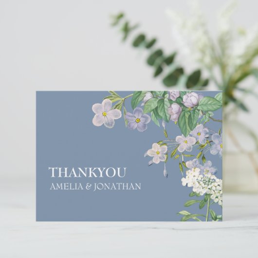 Stoffig blauw en wit waterverf Bloemenbruiloft Bedankkaart (Staand voorkant)