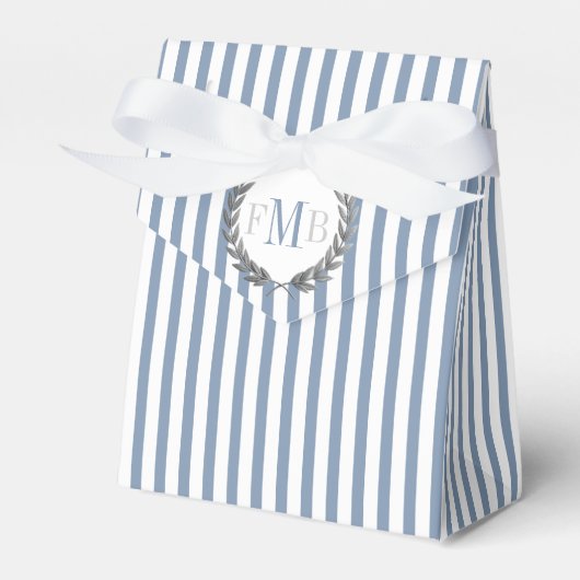 Stoffig blauw en witte strepen monogram bruiloft bedankdoosjes (Voorkant Zijde)