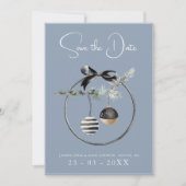 Stoffig Blauw en Zwart Kerstmis Baubles Bruiloft Save The Date (Voorkant)