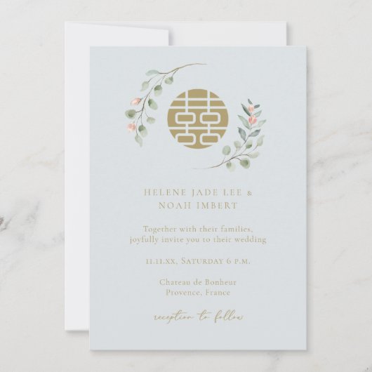 Stoffig Blauw Eucalyptus Elegant Chinees Bruiloft Kaart (Voorkant)