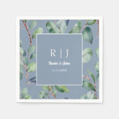 Stoffig Blauw Eucalyptus Monogram Groen Bruiloft Servet (Voorkant)