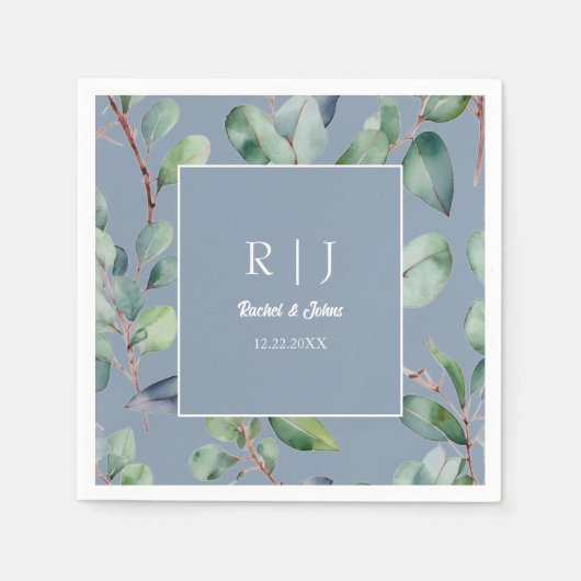 Stoffig Blauw Eucalyptus Monogram Groen Bruiloft Servet (Voorkant)