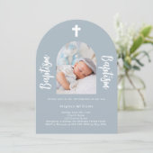 Stoffig blauw foto boog script jongen Doop Kaart (Staand voorkant)