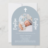 Stoffig blauw foto boog script jongen Doop Kaart (Voorkant)