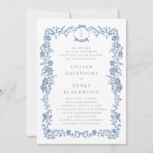 Stoffig Blauw Frans Toile Bloemen Bow Formele brui Kaart (Voorkant)