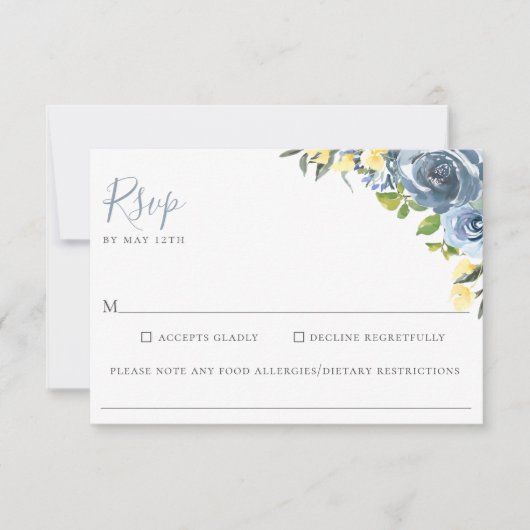 Stoffig Blauw Geel Bloemen Bruiloft Voedsel Allerg RSVP Kaartje (Voorkant)