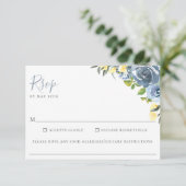 Stoffig Blauw Geel Bloemen Bruiloft Voedsel Allerg RSVP Kaartje (Staand voorkant)
