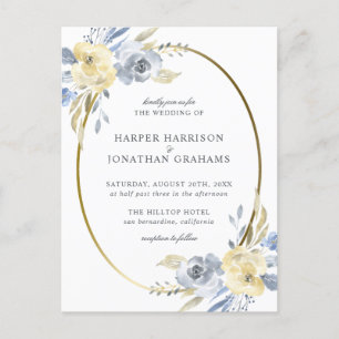 Stoffig Blauw & Geel Bloemen Ovaal   Elegante brui Uitnodiging Briefkaart