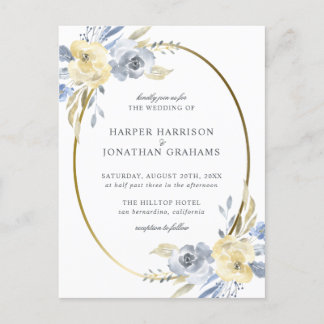 Stoffig Blauw & Geel Bloemen Ovaal | Elegante brui Uitnodiging Briefkaart