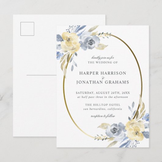 Stoffig Blauw & Geel Bloemen Ovaal | Elegante brui Uitnodiging Briefkaart (Voorkant / Achterkant)