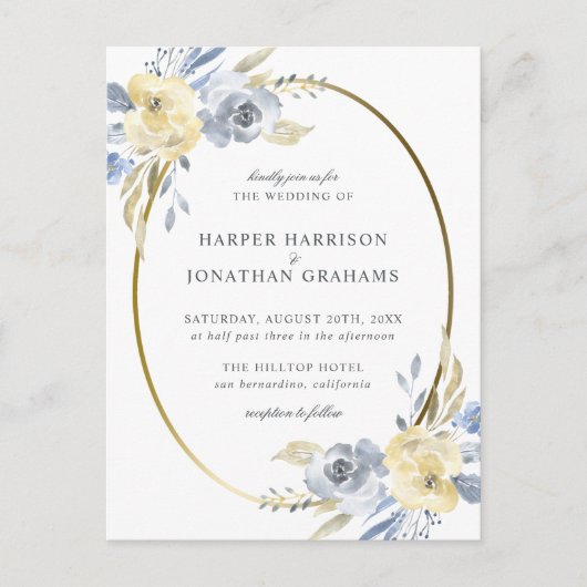 Stoffig Blauw & Geel Bloemen Ovaal | Elegante brui Uitnodiging Briefkaart (Voorkant)