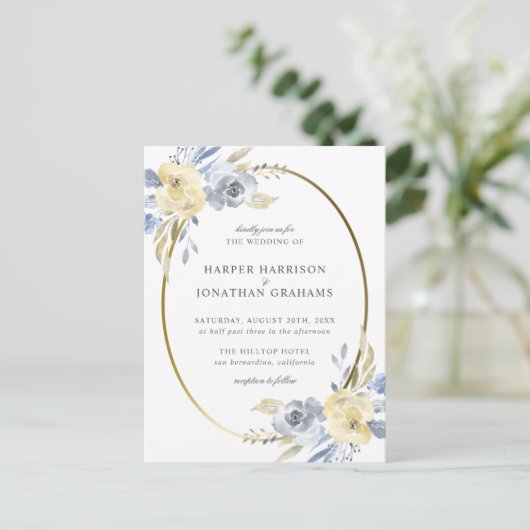 Stoffig Blauw & Geel Bloemen Ovaal | Elegante brui Uitnodiging Briefkaart (Staand voorkant)