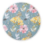 Stoffig Blauw Geel Bloemen Roze Bloempatroon Keramische Knop (Voorkant)