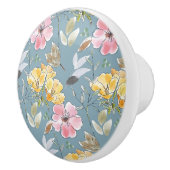 Stoffig Blauw Geel Bloemen Roze Bloempatroon Keramische Knop (Rechts)